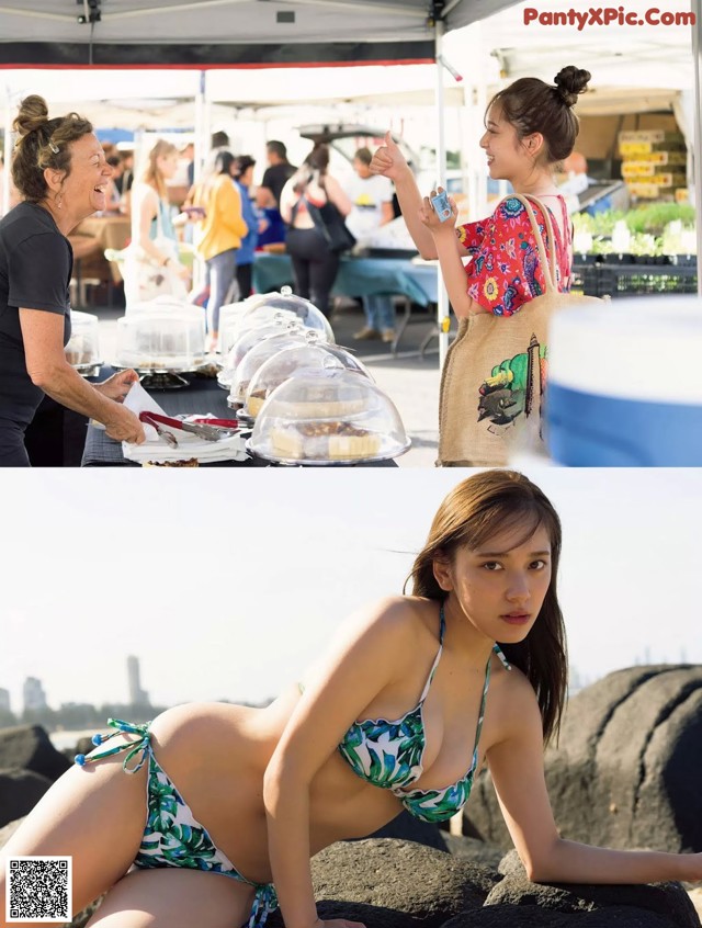 A woman in a bikini sitting on a rock next to a table.