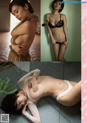 A woman in a black bra and panties sitting on the floor.