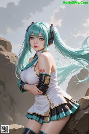 A girl with long green hair and a white shirt.