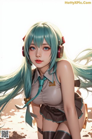 A woman with long blue hair standing next to a tree.