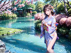 A woman in a blue kimono sitting on a bed.