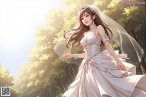 A woman in a wedding dress standing in the woods.