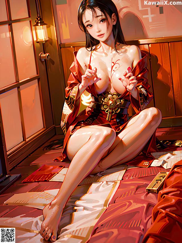 A woman in a red kimono sitting on a bed.