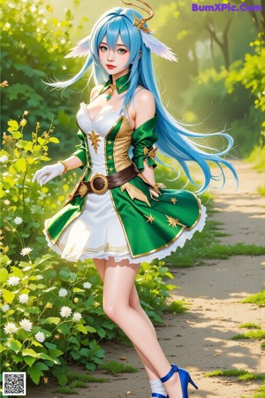 A woman with long blue hair wearing a corset and gloves.