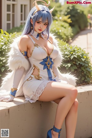 Anime girl with long blue hair wearing a white dress and angel wings.