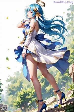 a sexy anime girl with blue hair and a white dress