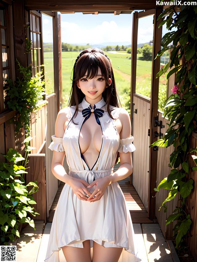 A woman in a white dress standing in front of a door.