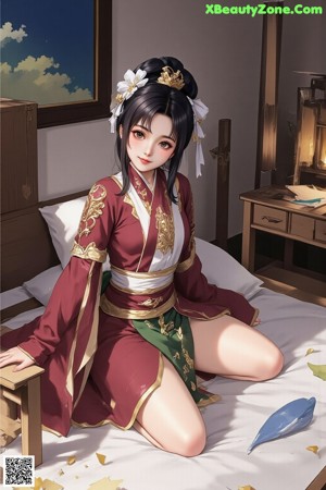 A naked woman in a kimono sitting on a bed.