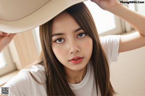 A woman in a white shirt and red panties posing for a picture.