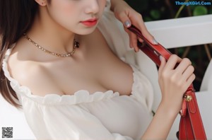 A woman in a white shirt and red panties posing for a picture.