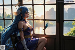 A woman with long blue hair and angel wings sitting on a wall.