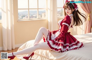 A woman in a red and white dress posing for a picture.