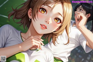 A girl in a yellow soccer jersey leaning against a wall.