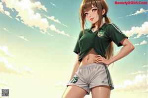 A girl in a soccer uniform standing on a soccer field.